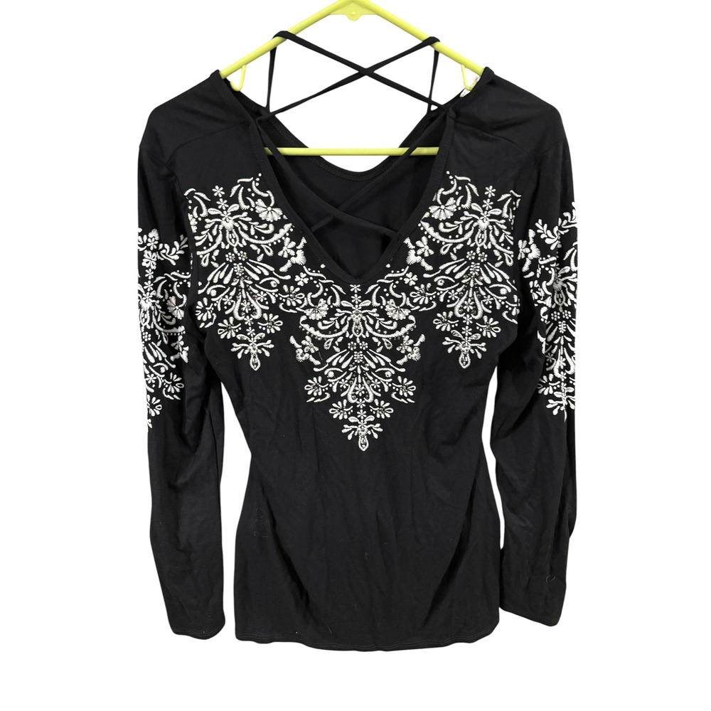 Liberty Wear Womens Black Long Sleeve Strappy V-Neck Filigree‎ Top Large 7290VVL